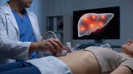 Doctor performs ultrasound scan on patient's abdomen, showing liver health on screen