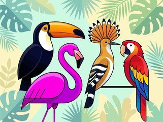 Obraz premium Vector Illustration of Exotic Tropical Birds including Toucan, Flamingo, Hoopoe, and Macaw Parrot with Jungle Palm Leaves Background