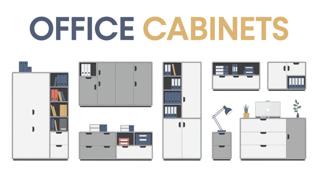 Modern office cabinets with various storage solutions