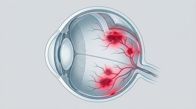 Cross-section of human eye showing retinal hemorrhages and blood vessels