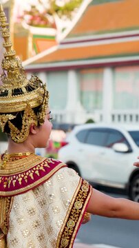 Thai Khon Dancer Performs in Traditional Gold Costume at Wat Suthat