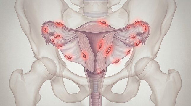 Illustration of female reproductive system with uterine fibroids highlighted in red
