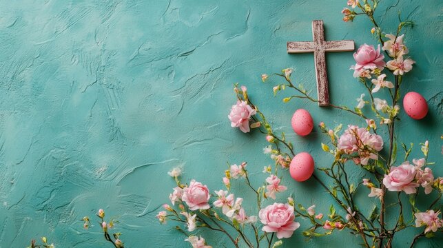 Easter cross, pink eggs, and blossoms on teal background.