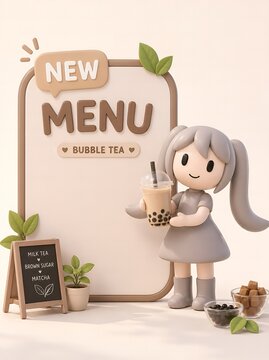 Cute pastel 3D character with bubble tea new menu sign minimal cafe mockup