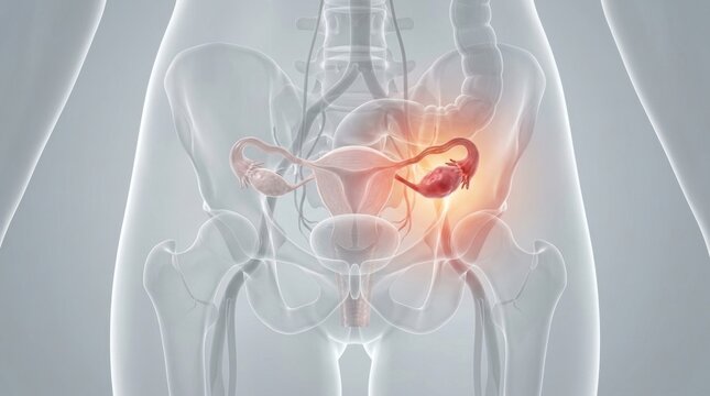 3D rendering of female reproductive system with highlighted ovaries and uterus