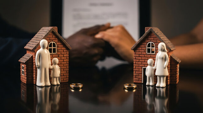 Divorce and property division concept with miniature houses, family figures and separated wedding rings against a background of a couple holding hands.