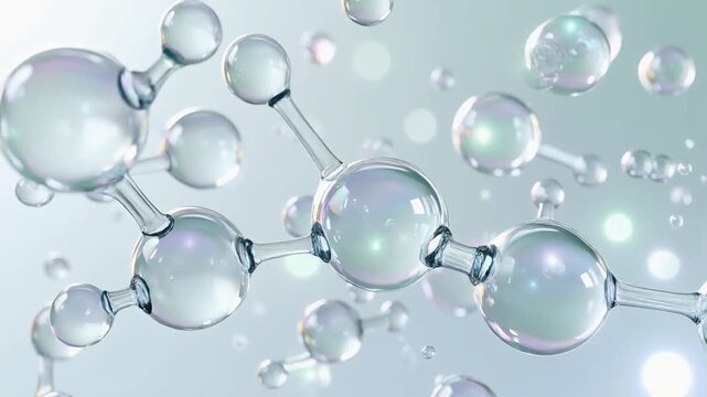 透明なガラス分子が立体的に連結しながら浮遊する、未来的な美容科学をテーマにしたスキンケアイメージ。オーロラのような虹色の反射光をまとった美容成分構造が、ヒアルロン酸やセラミド、コラーゲンなどの潤い成分を連想させ、透明感や浸透感を演出するラグジュアリーなコスメ広告風CG。クリーンで幻想的なビューティーテクノロジーを表現した抽象背景素材 ジェネレーティブAI