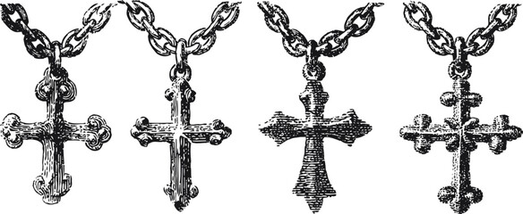 Fototapeta premium Vintage engraving of ornate crucifix cross pendants on chains detailed design jewelry accessories