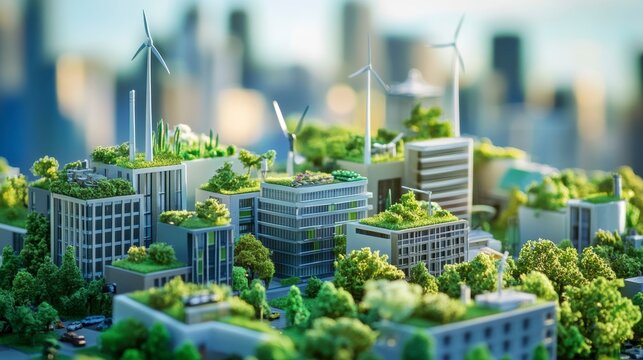 Eco-friendly city model with green roofs, wind turbines, and lush vegetation. (1)