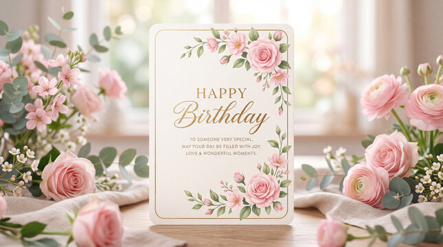 Birthday Card Placed on a Wooden Table With Flowers and Natural Light From a Window