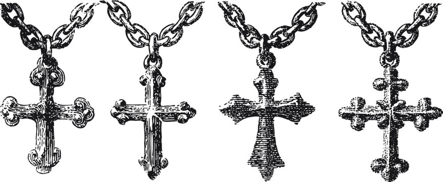 Vintage engraving of ornate crucifix cross pendants on chains detailed design jewelry accessories