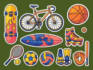 Collection of Sports Equipment Stickers featuring Skateboard, Bicycle, Basketball, and Surfing Gear for Fitness and Outdoor Lifestyle Graphics © Saparistyle
