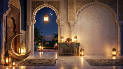 Fototapeta premium Moon and Star Lanterns in a Decorative Hall During a Night Celebration