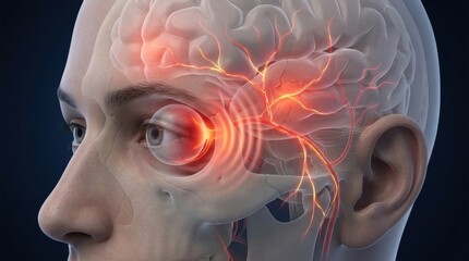 Obraz premium Close-up of a human head showing brain and eye with glowing red pain signals