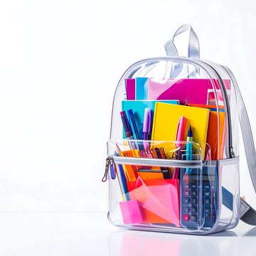 Clear plastic backpack filled with colorful school supplies.