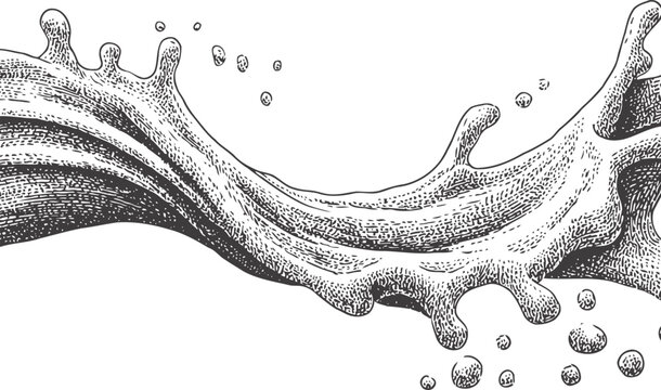 Dynamic splash of milk liquid with droplets in motion hand drawn dairy beverage flowing illustration