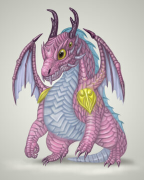 Cute Pink Magenta Dragon with Three Eyes and Golden Chest Armor.
