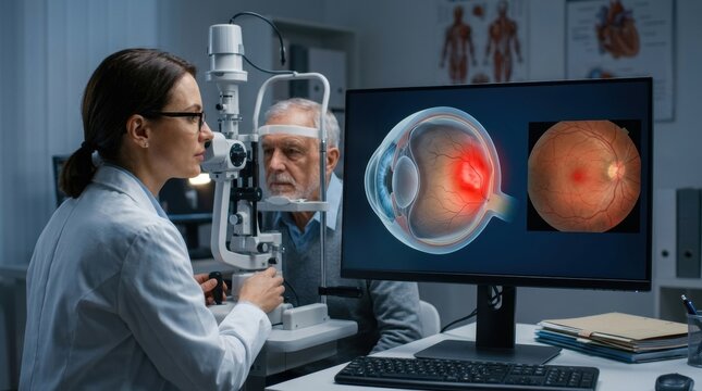 Ophthalmologist examines elderly patient's eye health with advanced diagnostic equipment