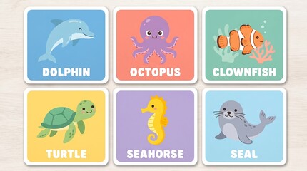 Fototapeta premium Children's educational flashcard featuring colorful sea animals, including dolphin, octopus, clownfish, turtle, seahorse, and seal, on a clean white background with a playful and learning