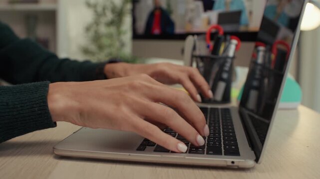 Woman freelancer having a virtual meeting with a creative agency, collaborating remotely via video call, embracing the flexible work culture, digital collaboration tools, and the modern gig economy