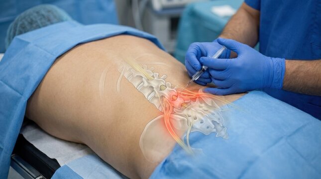 Doctor performs epidural injection to relieve lower back pain and nerve compression