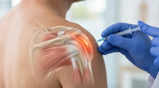 Doctor administering injection into inflamed shoulder joint with anatomical illustration
