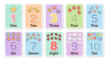 Obraz premium Children's educational flashcards displaying numbers from one to ten with colorful illustrations on a white background
