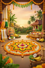 Fototapeta premium Decorative Floral Design Created for a Festival Celebration in a Garden Setting During Sunrise
