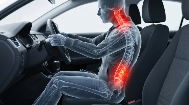 X-ray view of driver's spine showing pain and discomfort while driving