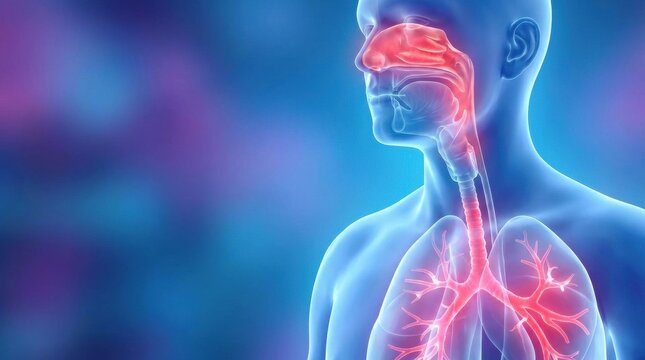 3D illustration of human respiratory system highlighting nasal passages and lungs