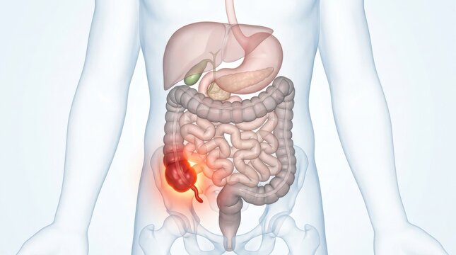 Illustration of an inflamed appendix highlighted in red within the human digestive system