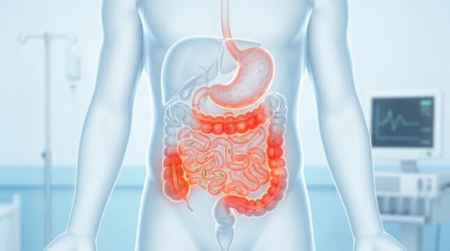 3D illustration of human digestive system with inflamed intestines and bacteria present