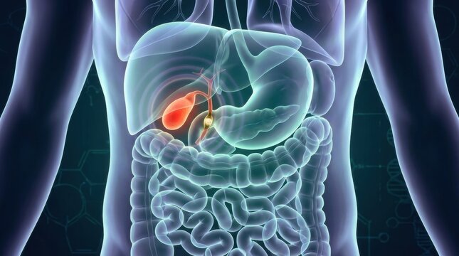 Human digestive system anatomy with highlighted gallbladder and gallstones