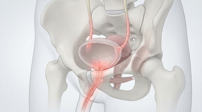 Anatomical illustration of the human urinary bladder and pelvic bones