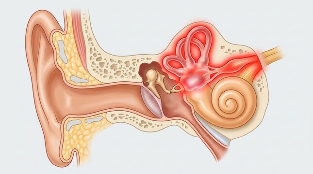 Anatomical illustration of the human ear highlighting inflammation and pain in the inner ear structures