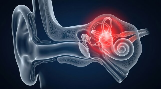 Anatomical illustration of the human ear highlighting inner ear inflammation and pain