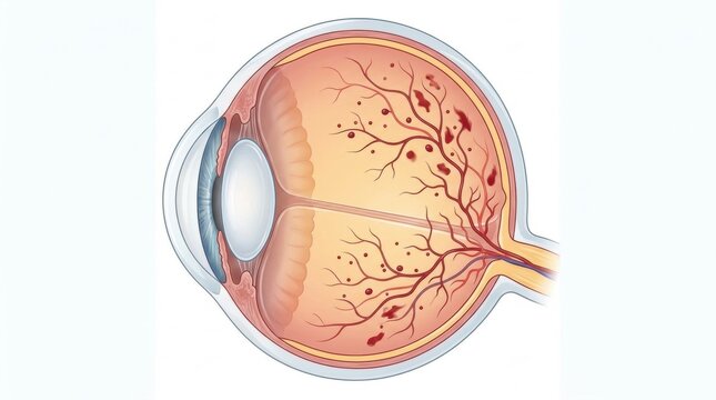 Cross-section of human eye showing retinal hemorrhages and blood vessels