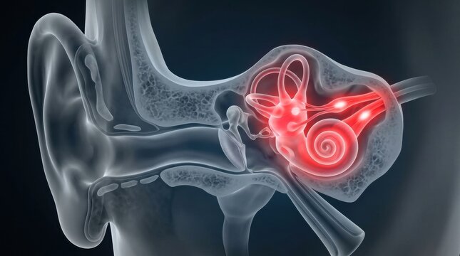 Detailed 3D illustration of the human inner ear with highlighted auditory nerves