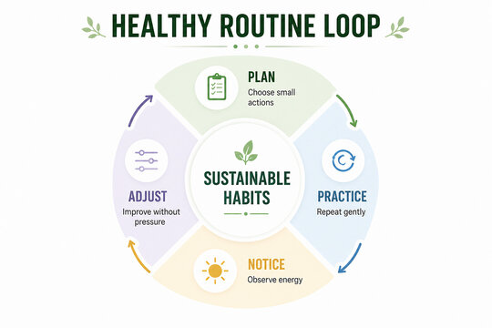 It depicts a visual plan for establishing and maintaining a healthy routine through small, sustainable habits. It&rsquo;s set against a dark background with a focus on circularity and mindful practice.