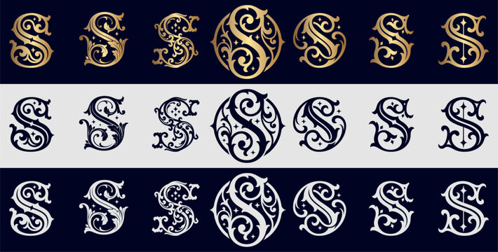 Elegant golden ornamental letter s monogram with decorative flourish and vintage style.