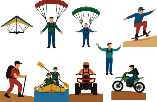 Extreme Adventure Sports Vector Character Set Featuring Hang Gliding Skydiving Parachuting Skateboarding Hiking Kayaking Quad Biking and Dirt Track Motorcycle Icons