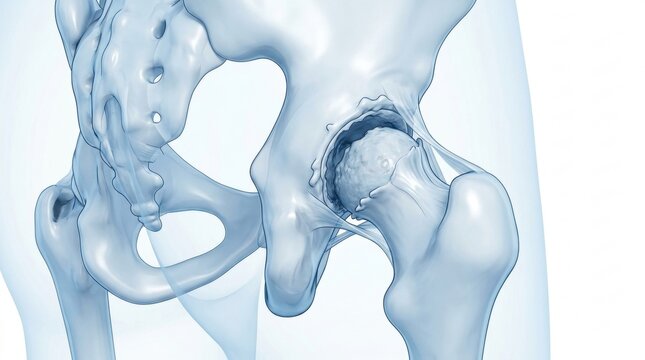 Close-up 3D illustration of a healthy human hip joint with ligaments