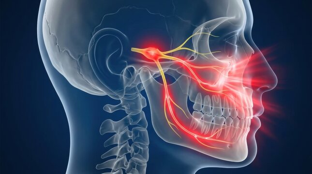 Medical illustration of trigeminal nerve pain and inflammation in the human head