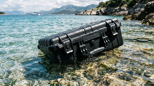 Obsidian Black Waterproof Hard Case Half Submerged In Crystal Water With Precision Latches Gear Photography