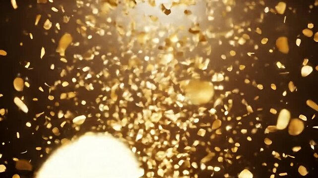 Golden particles scatter against dark background with bright light source shining above