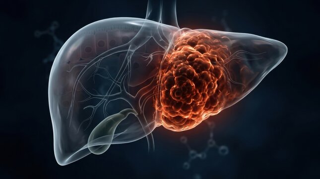 Digital illustration of a diseased liver with a large tumor glowing orange
