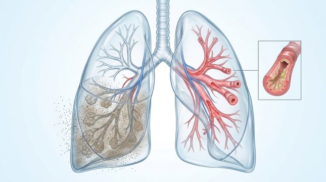 Illustration of healthy and diseased lungs showing inflammation and particulate matter buildup
