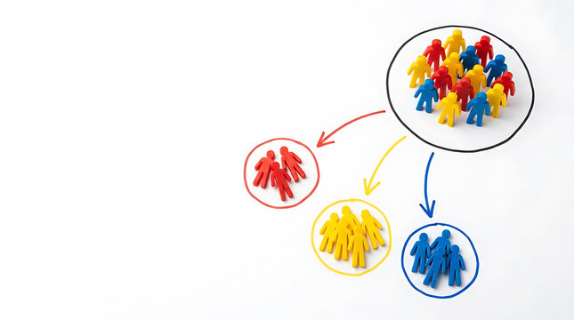 Market segmentation and target audience selection concept with colorful human figures being sorted into specific color groups using arrows on a white background.