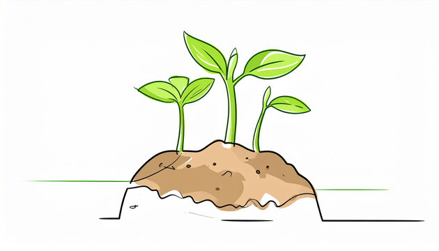 Three green seedlings emerging from a mound of brown soil with a white background
