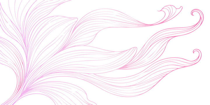 An abstract pink and purple wallpaper featuring a smooth wave pattern of flowing smoke lines, curved art elements, and a soft backdrop of feathers in a stylish vector illustration design